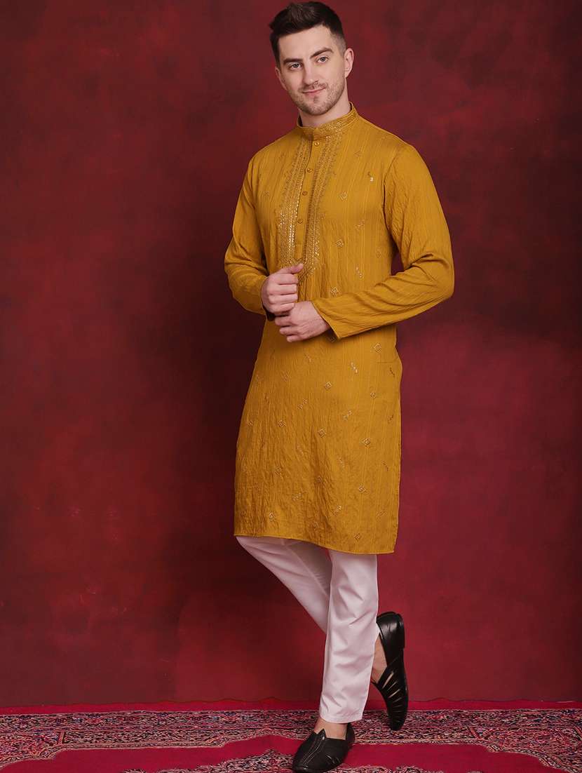 mustard self design sequined kurta & pyjama set - 20814656 -  Standard Image - 2