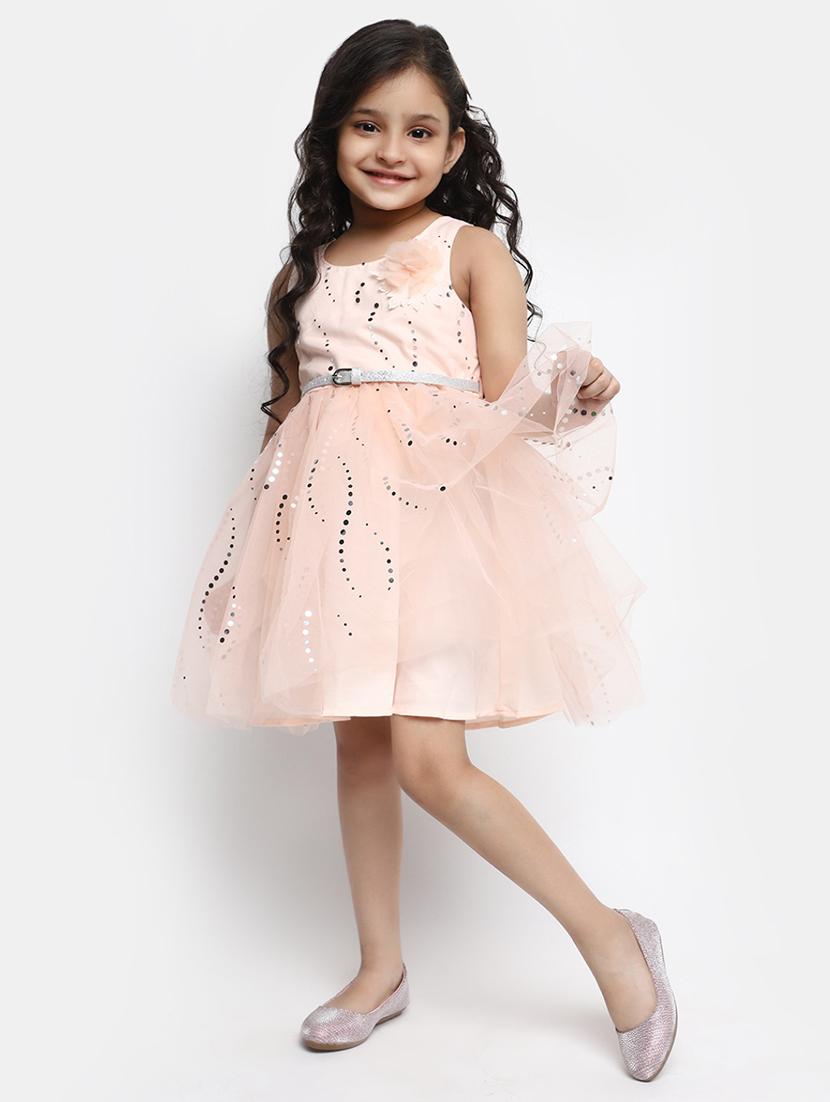girls peach self design frock - 20815484 - Standard Image - 2