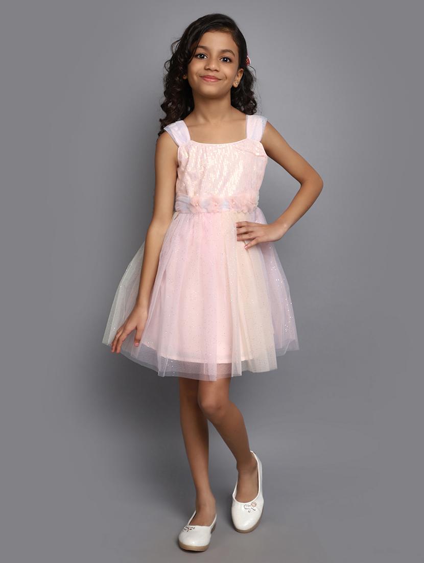girls pink self design frock