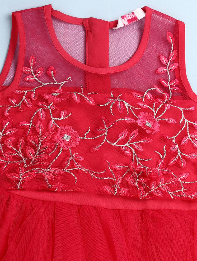 kids red self design detailed frock - 20815516 - Standard Image - 2