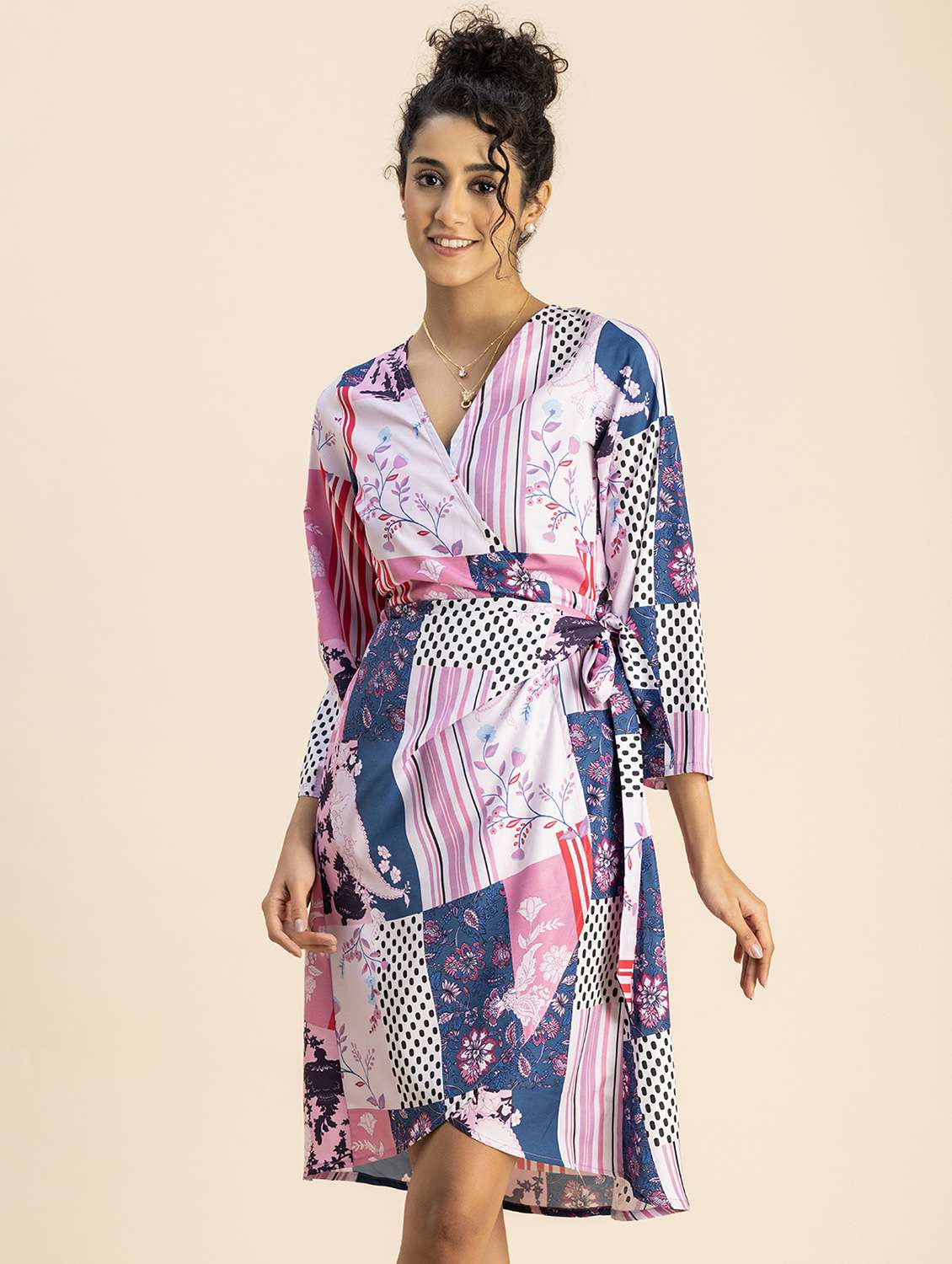 women multicolored printed wrap dress
