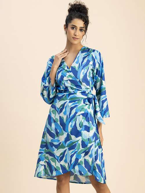 women blue printed wrap dress - 20817225 -  Standard Image - 0