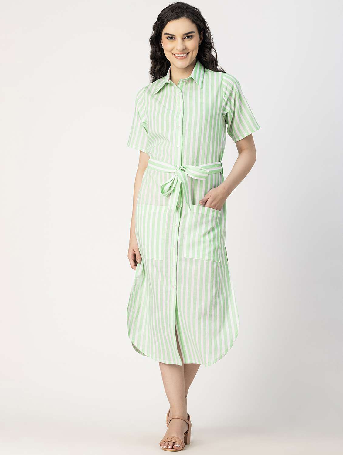 neo mint vertical striped shirt midi dress