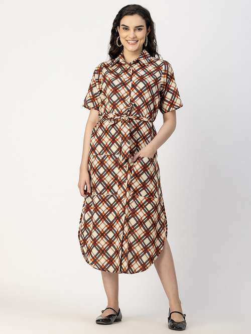 women beige check printed shirt dress - 20817237 -  Standard Image - 0