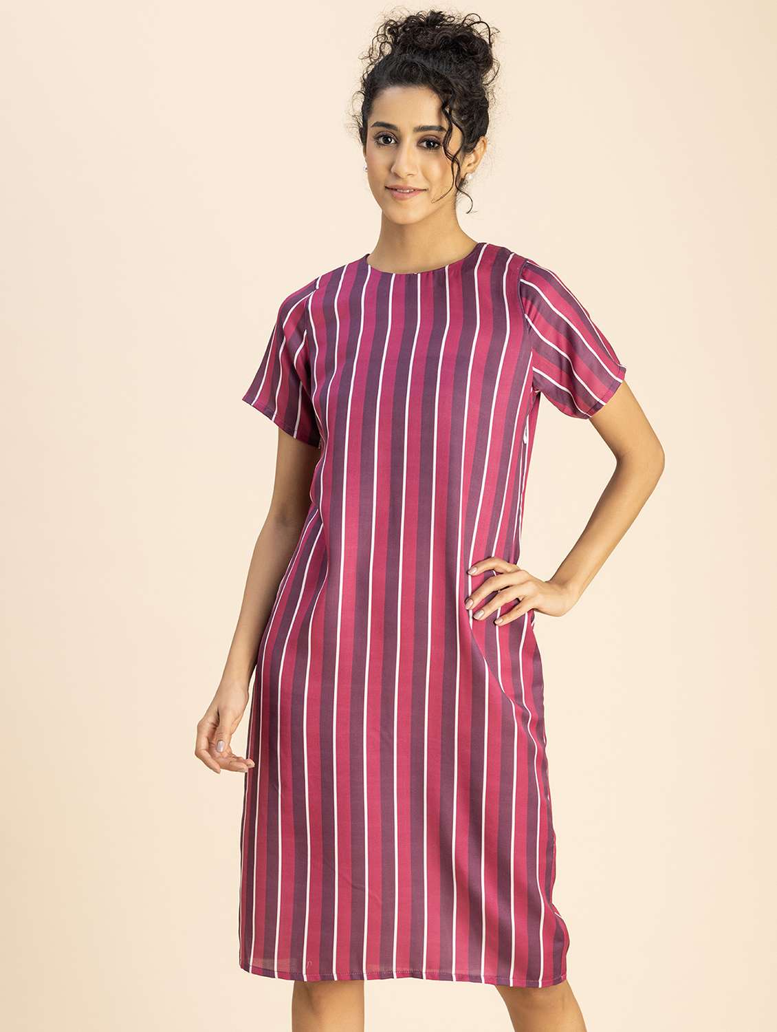 women purple stripes printed straight dress