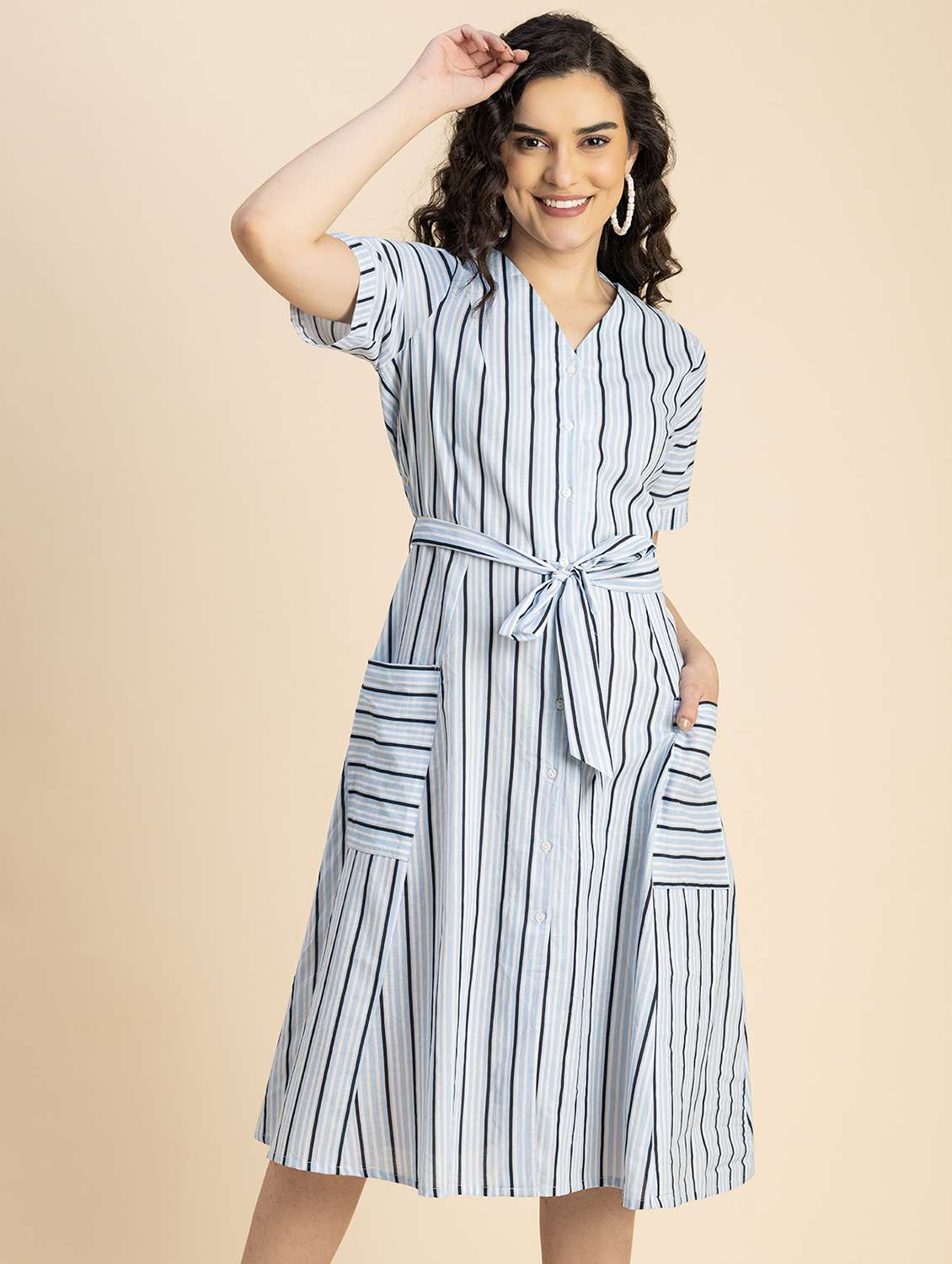 women light blue stripes a-line dress