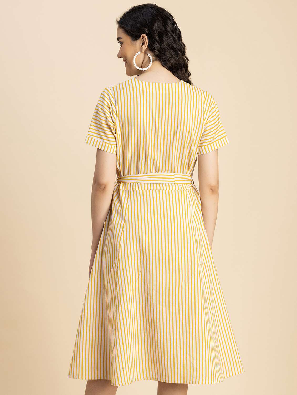 women yellow stripes printed a-line dress - 20817250 -  Standard Image - 2