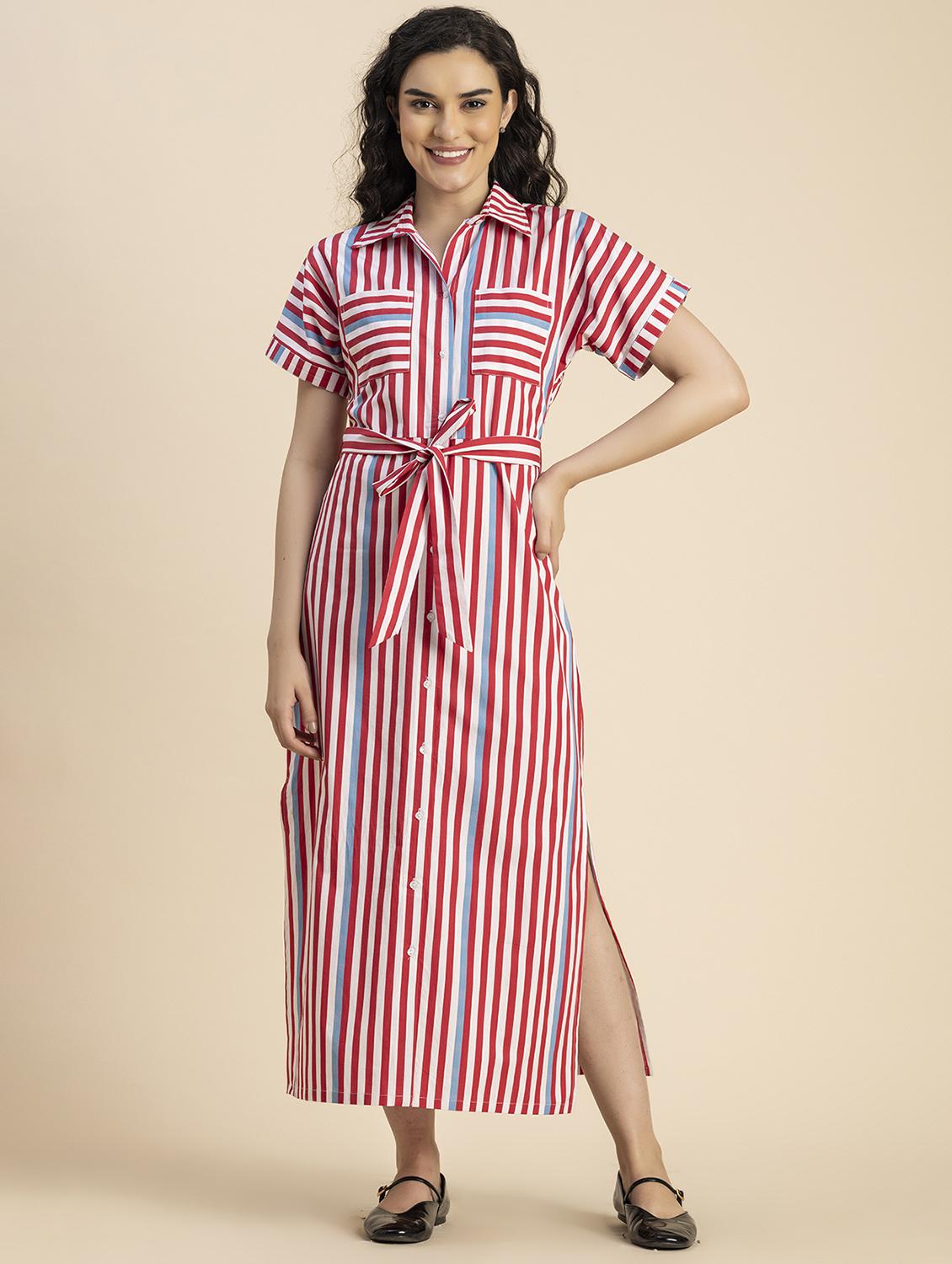 women red stripes printed shirt dress - 20817251 -  Zoom Image - 0
