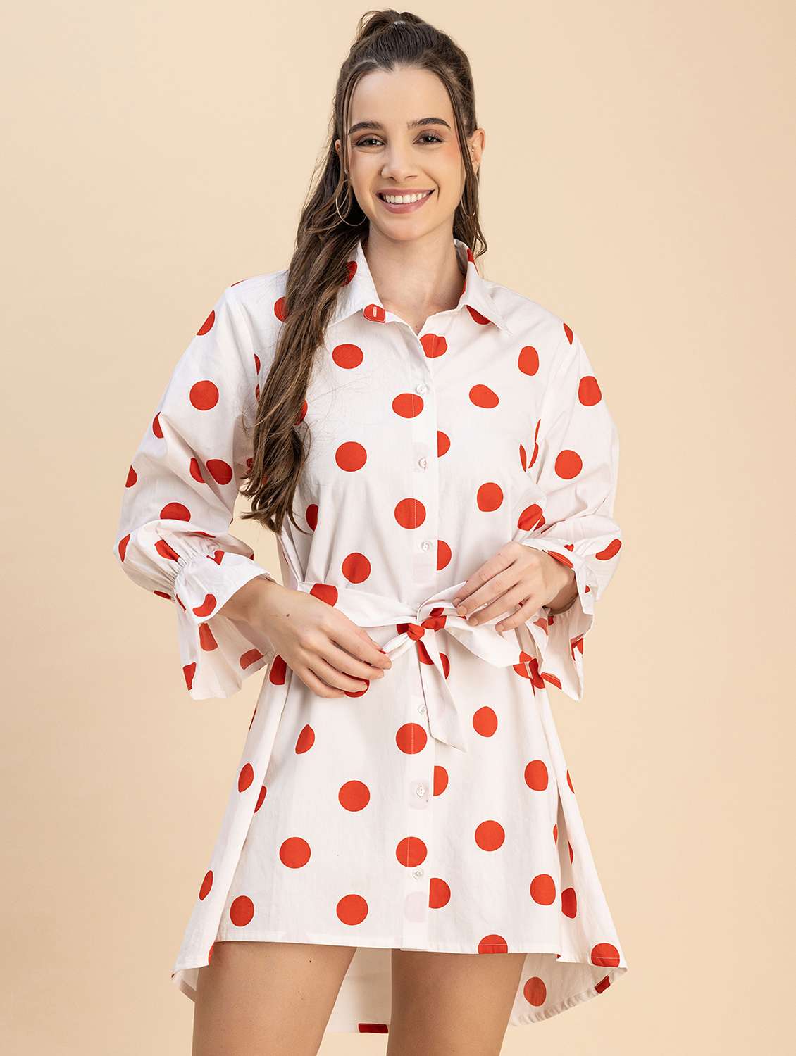 women white polka dot high low dress