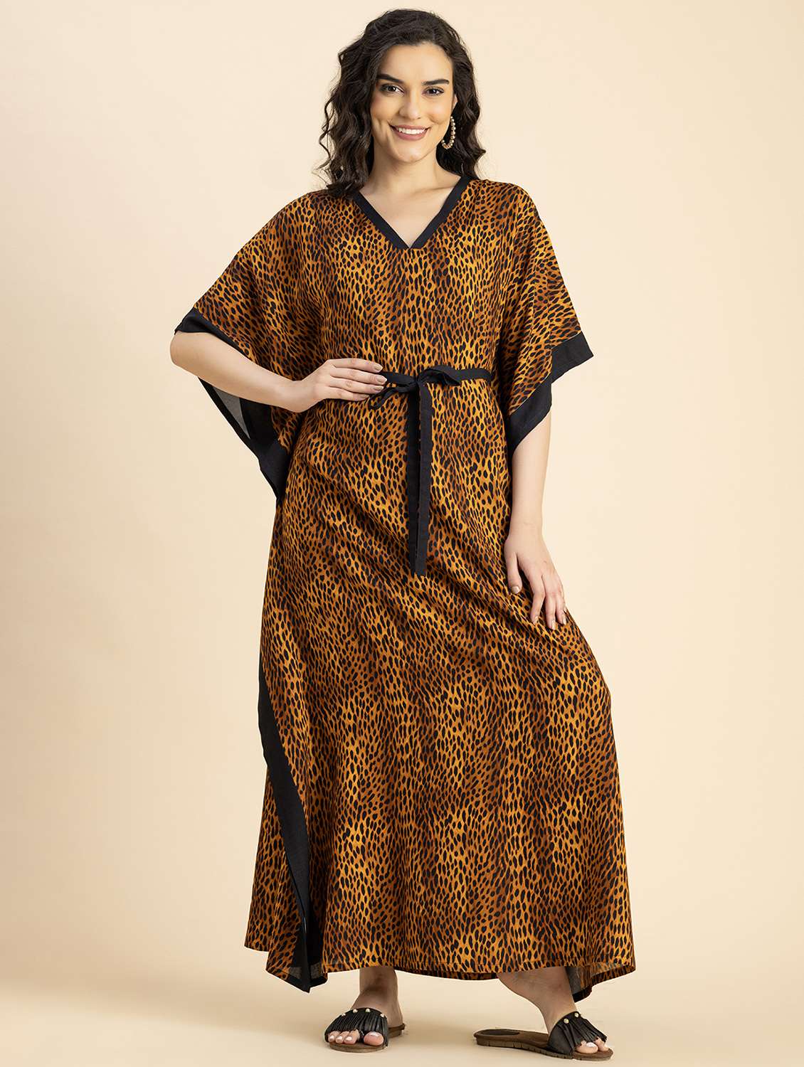 women brown animal printed kaftan