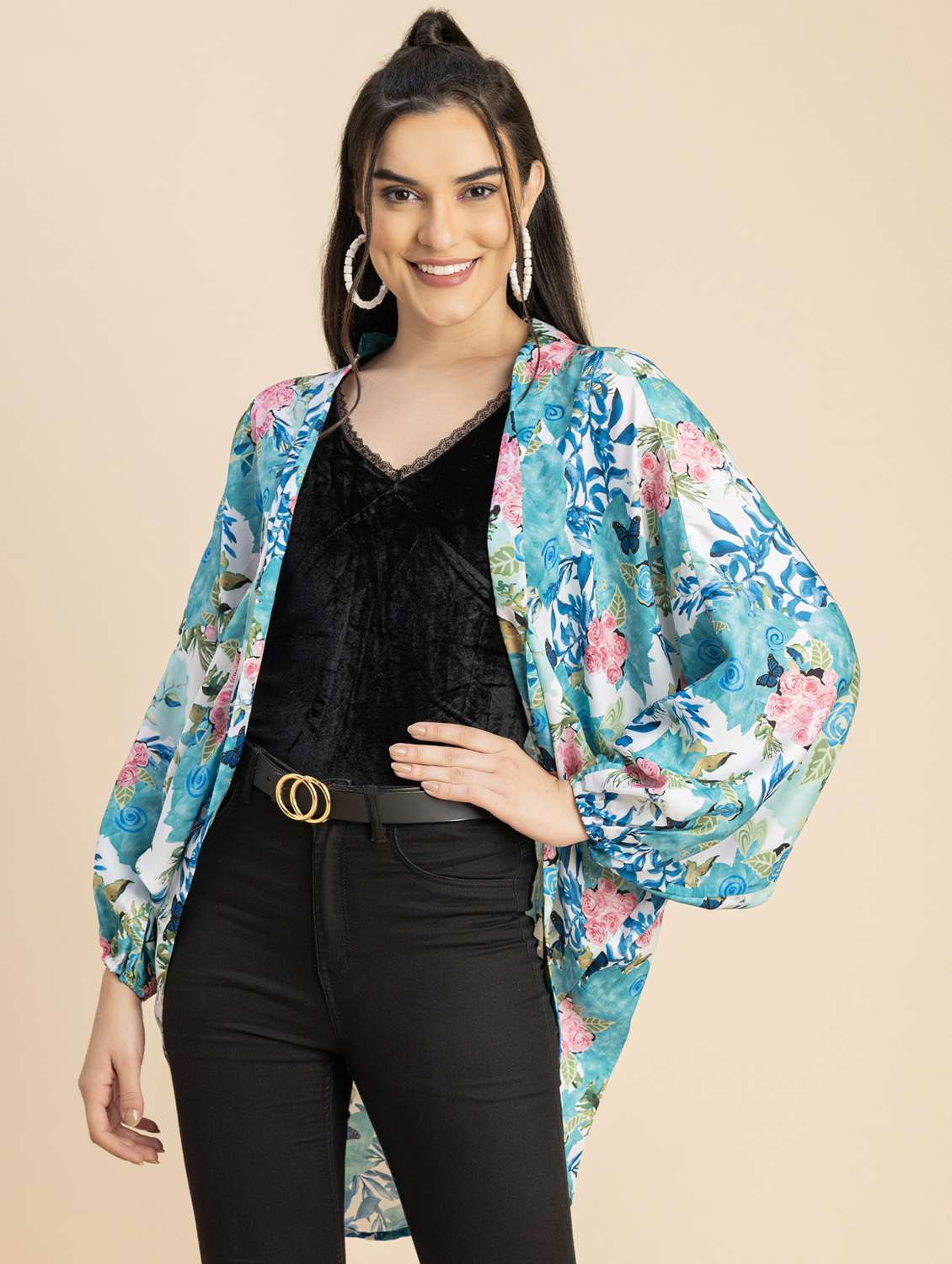 light blue floral printed satin shrug