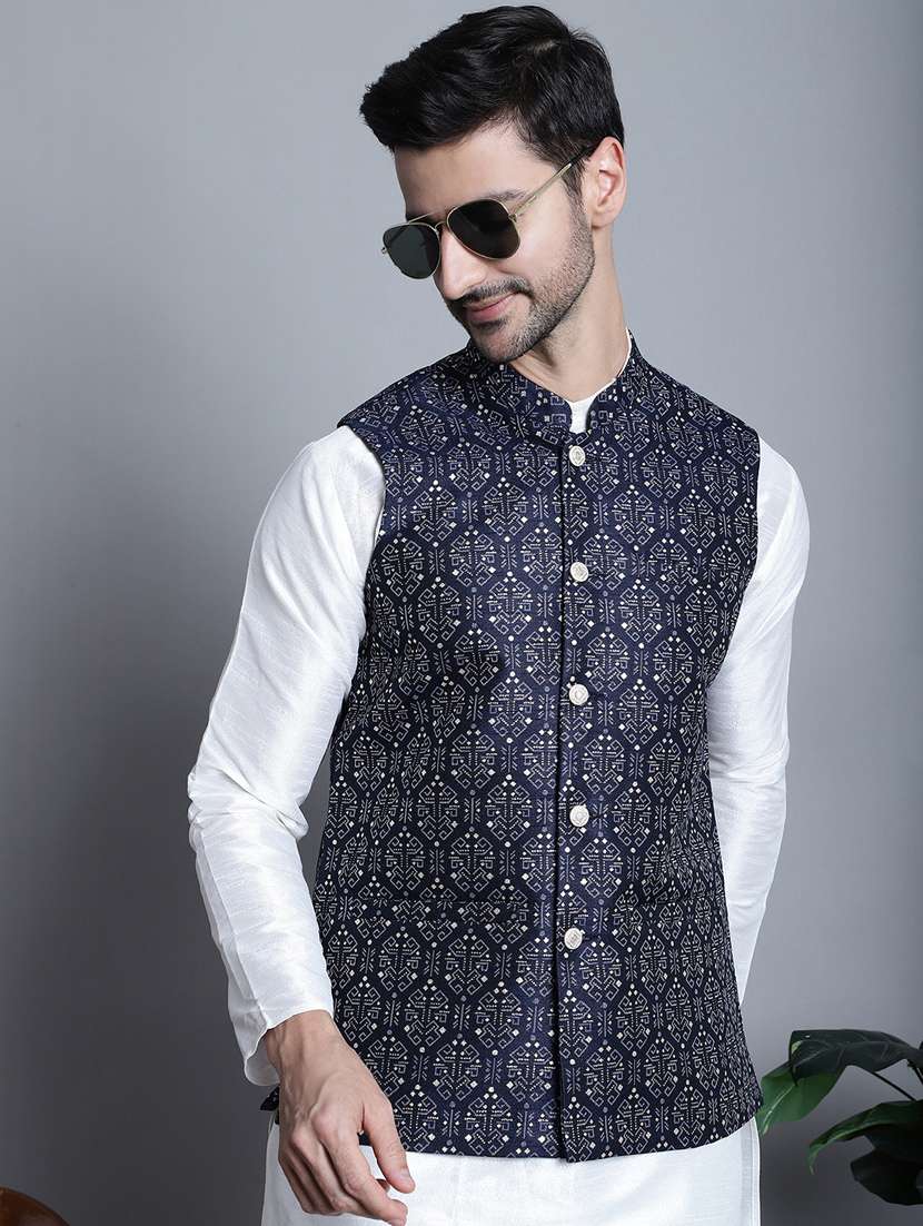 navy blue printed detailed nehru jacket