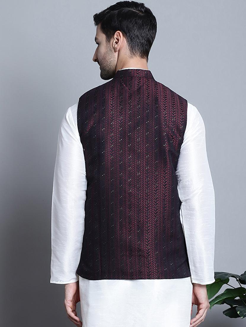 maroon embroidered silk blend nehru jacket - 20817341 - Standard Image - 2
