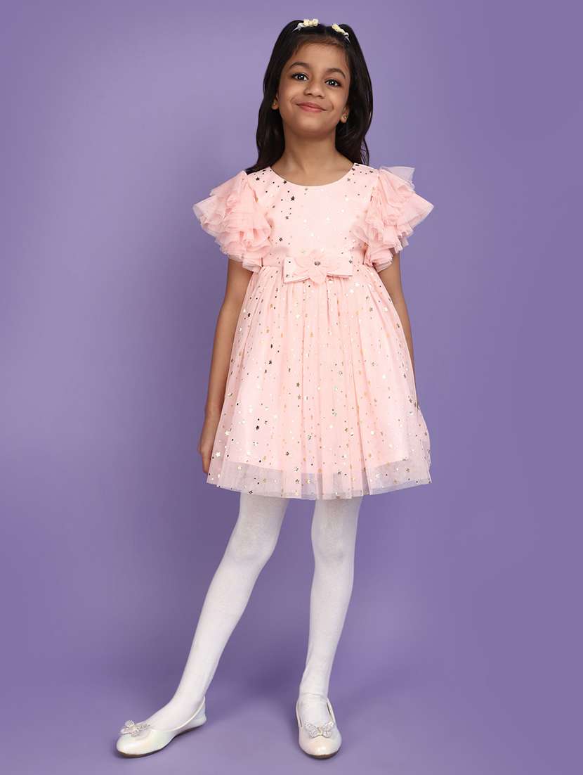 pink self design detailed flared frock