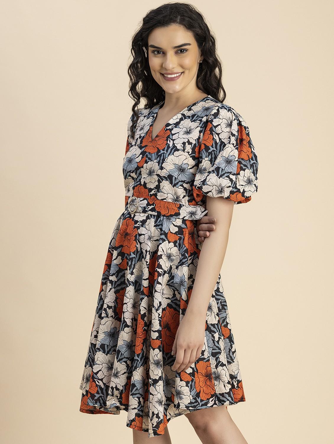 black floral printed fit & flare dress - 20817894 - Standard Image - 2