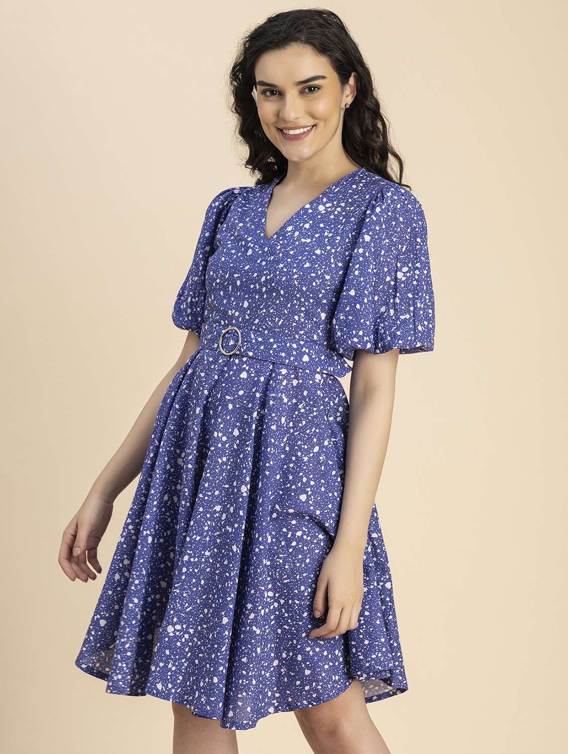 women blue abstract printed fit & flare dress - 20817897 - Standard Image - 2