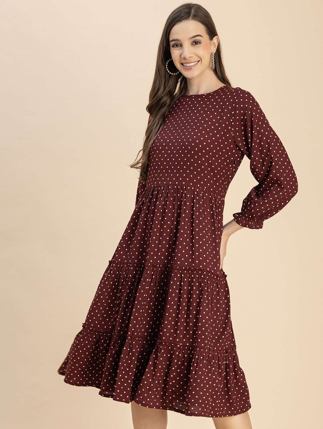 women maroon polka dot tiered dress 