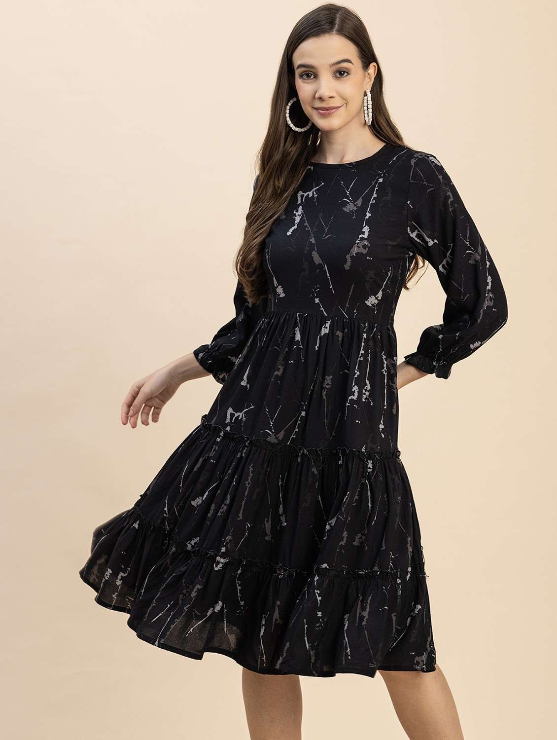 black printed tiered detailed dress - 20817900 -  Standard Image - 2