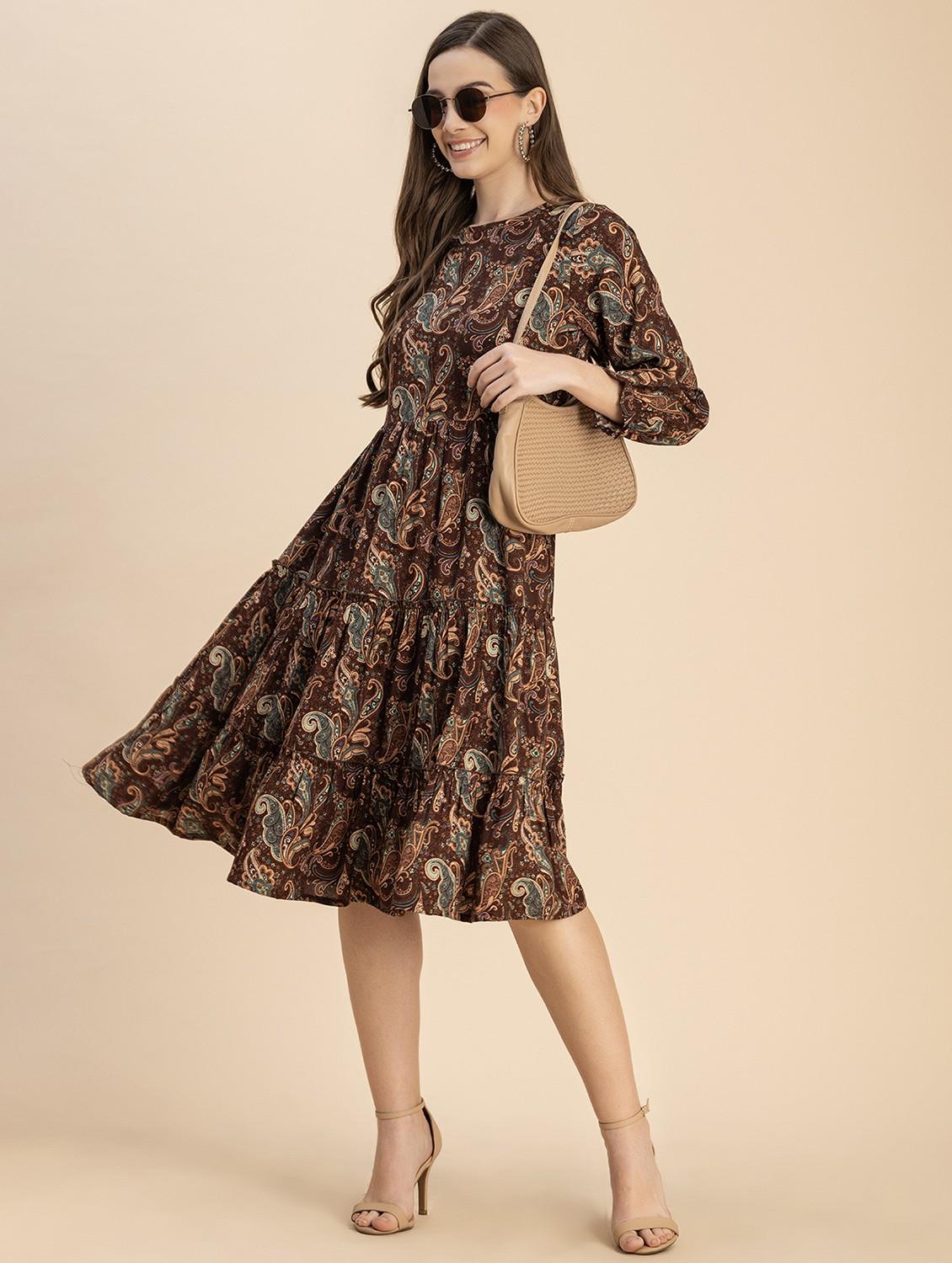 women brown paisley printed tiered dress - 20817901 - Standard Image - 2