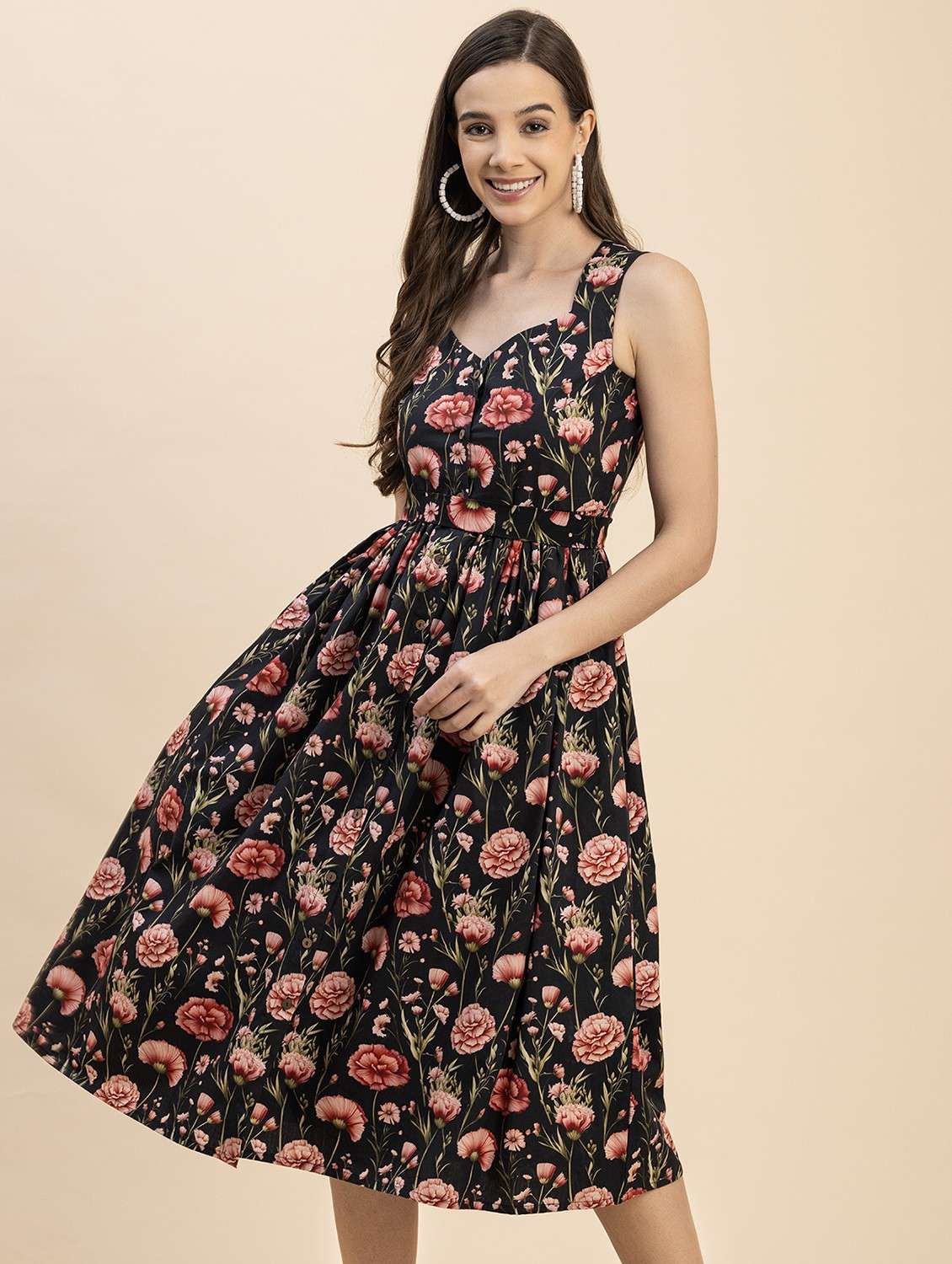 women black floral printed fit & flare dress - 20817902 - Zoom Image - 0