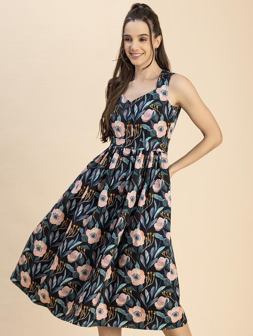 women black floral printed fit & flare dress - 20817904 - Standard Image - 0