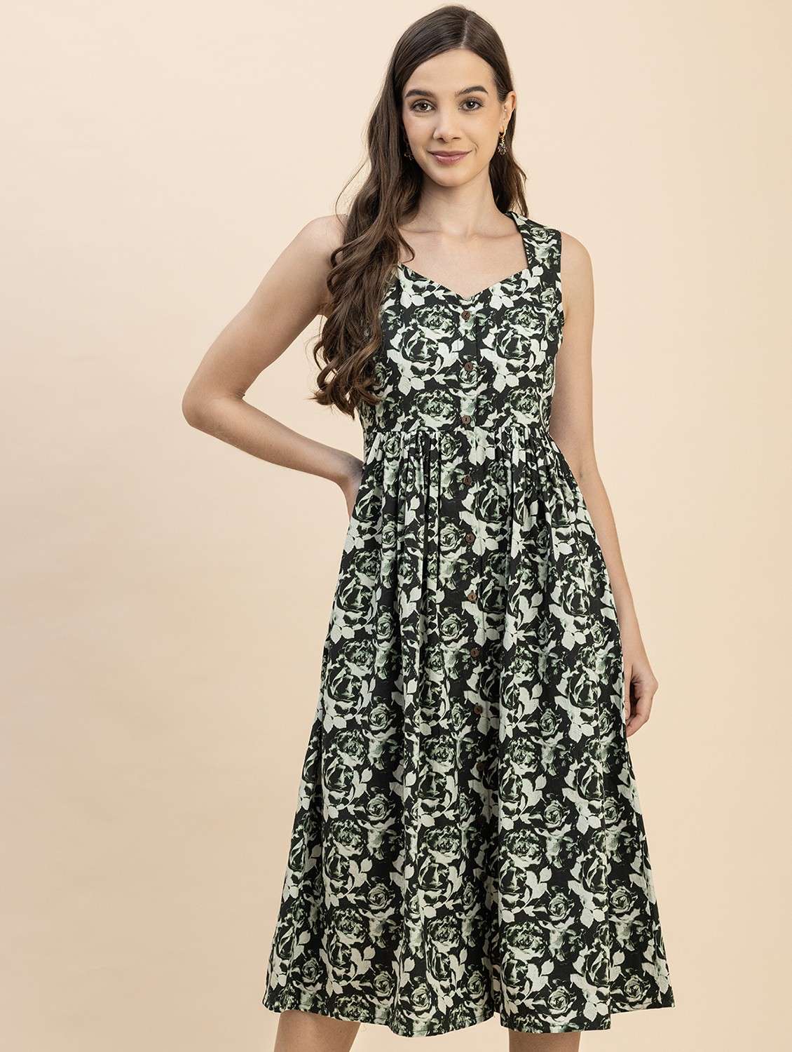 green floral printed detailed fit & flare dress