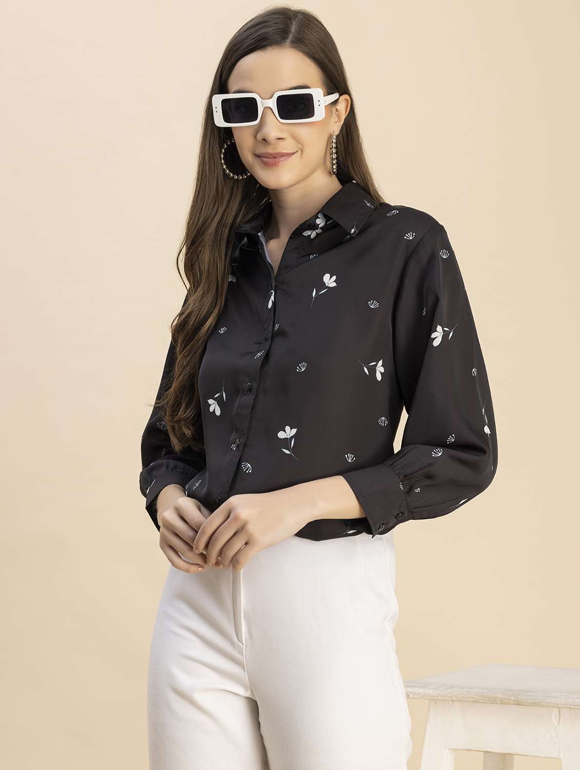 black satin floral shirt - 20817918 - Standard Image - 2