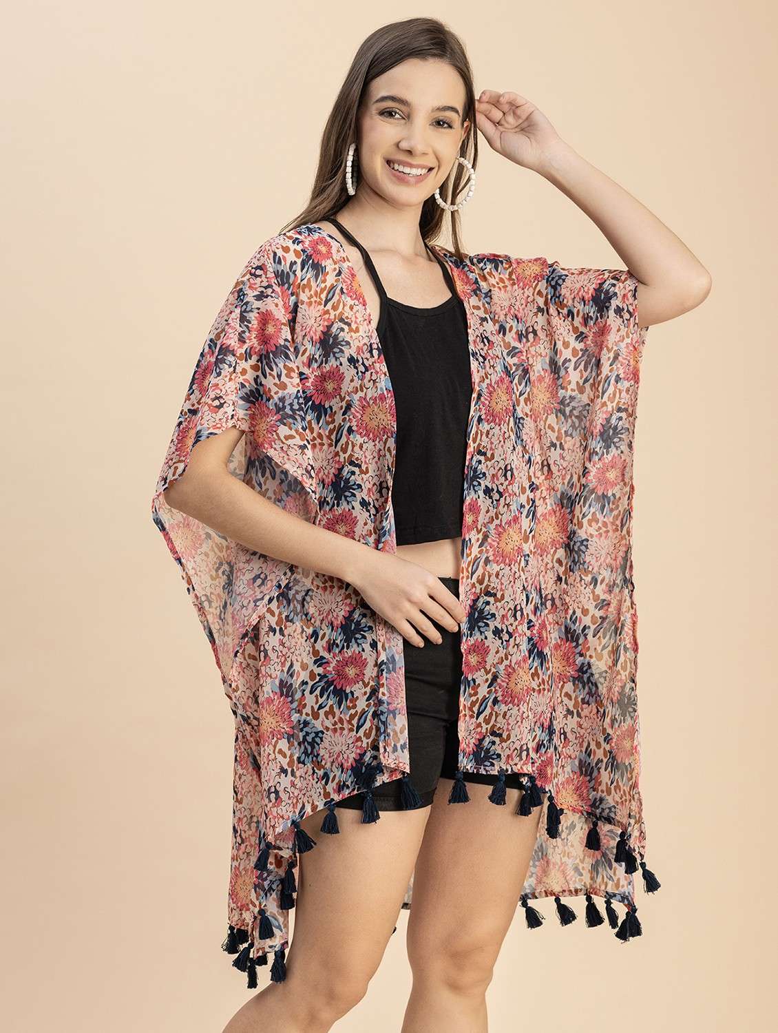 multi coloured floral printed detailed kaftan style shrug