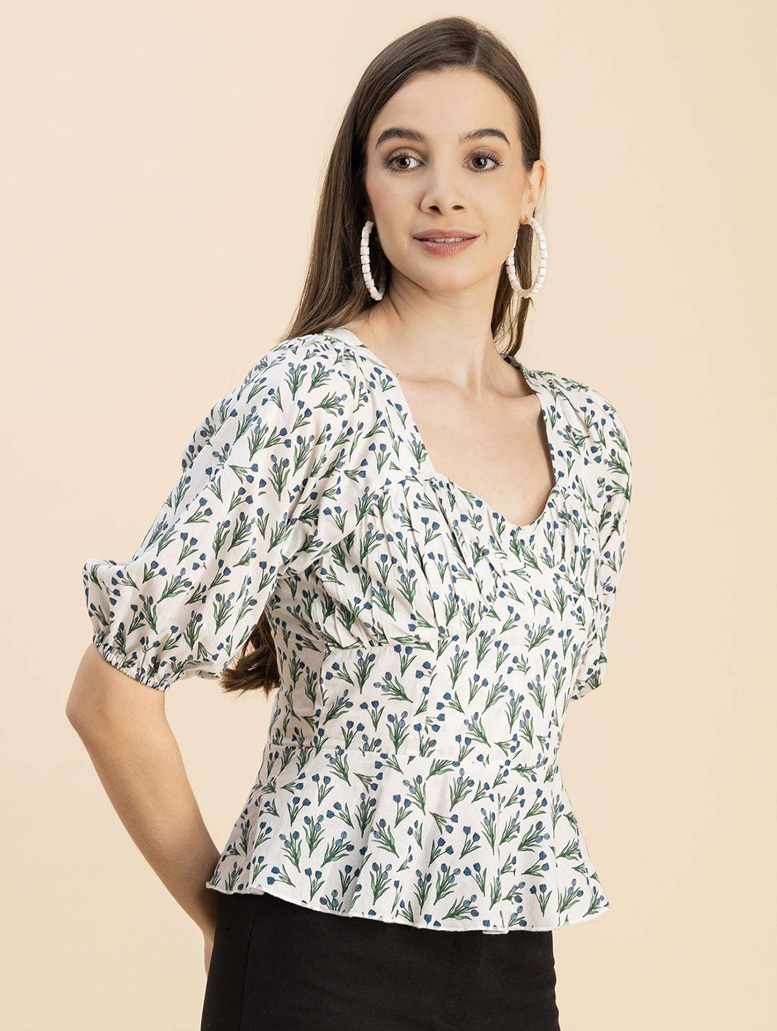 white floral printed detailed peplum top - 20817970 -  Standard Image - 2