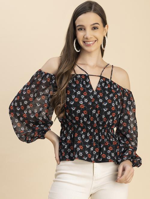 black floral printed detailed peplum top - 20817973 -  Standard Image - 0