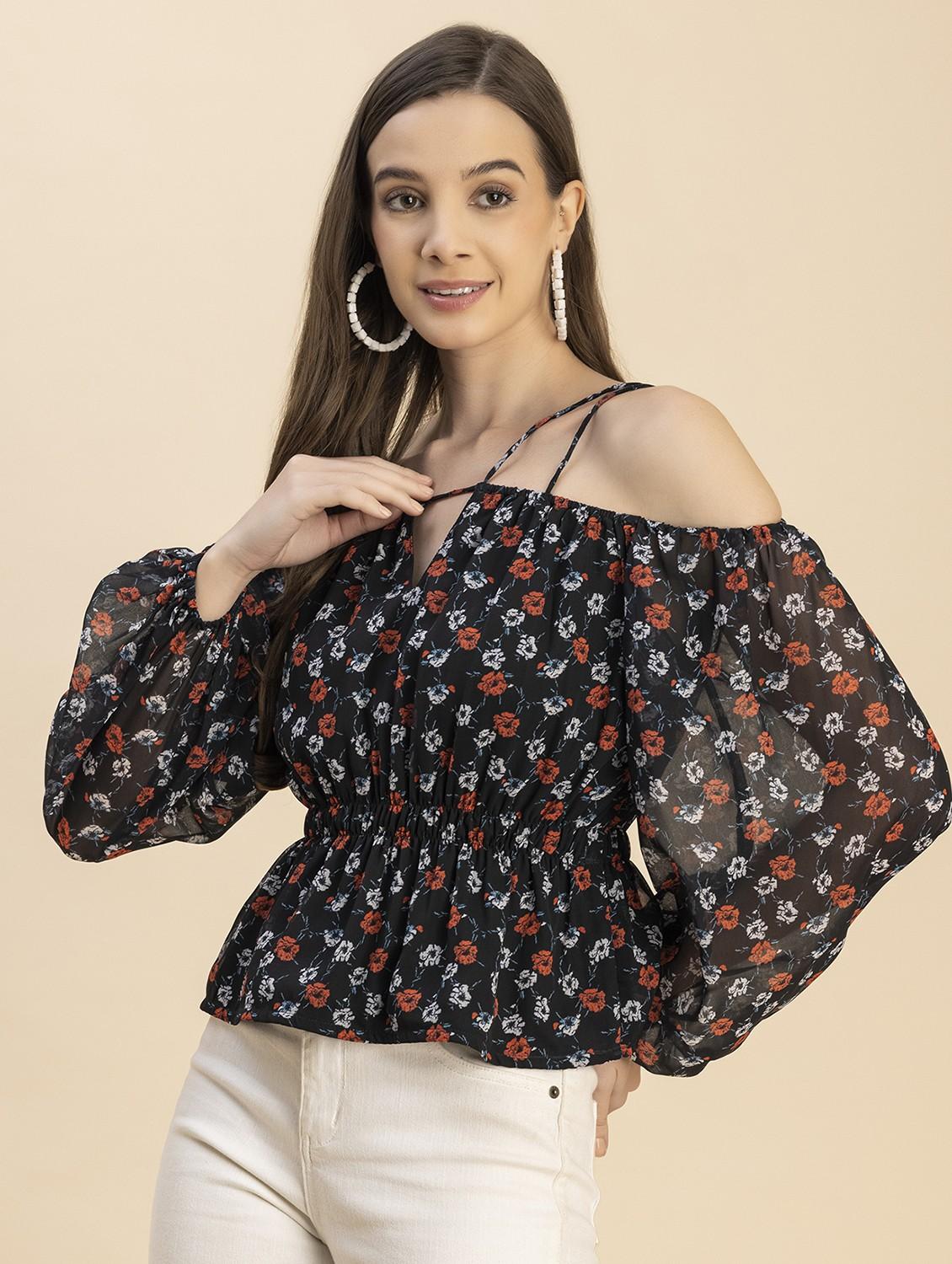 black floral printed detailed peplum top - 20817973 - Standard Image - 2