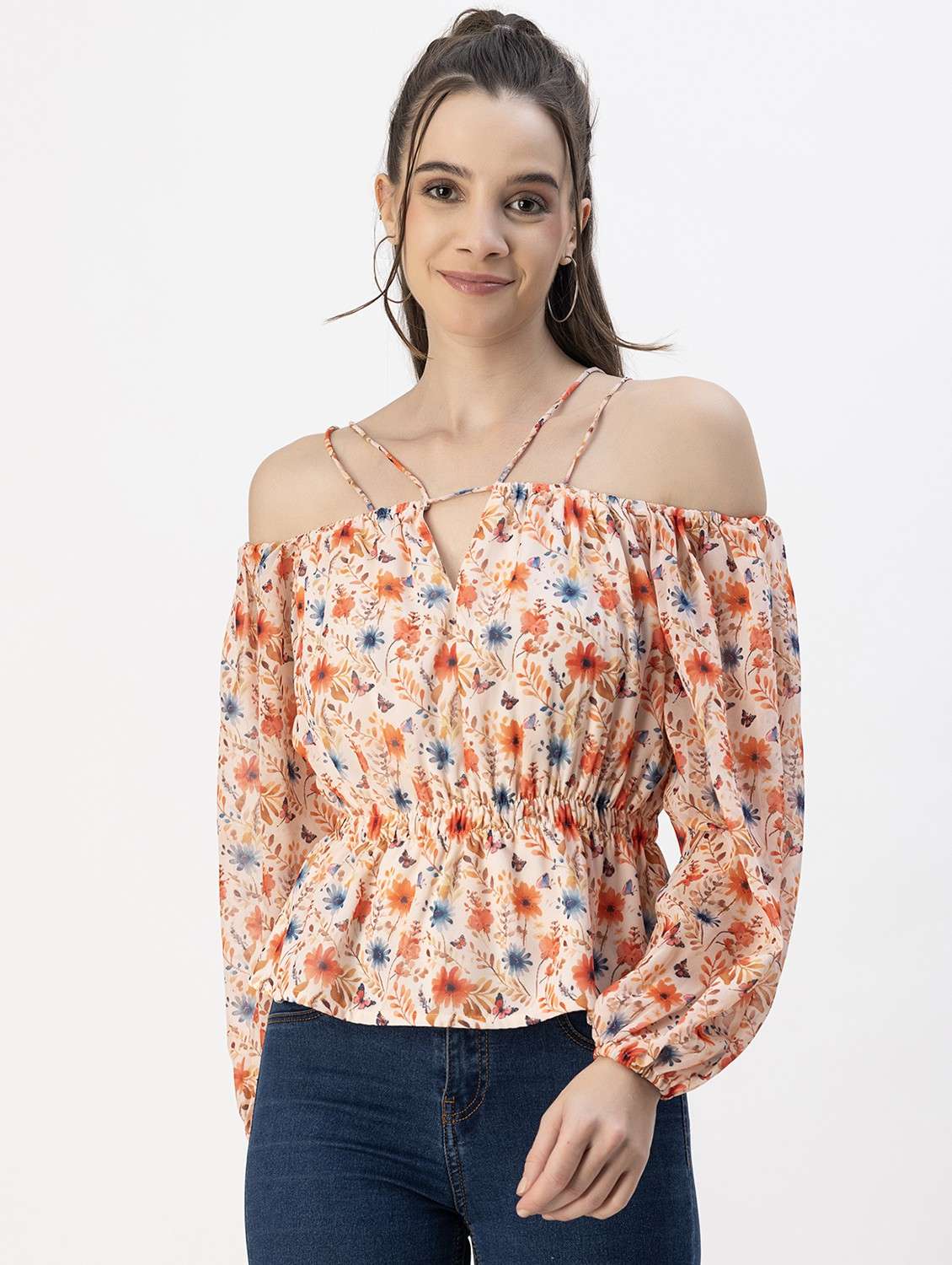 off white floral printed detailed peplum top
