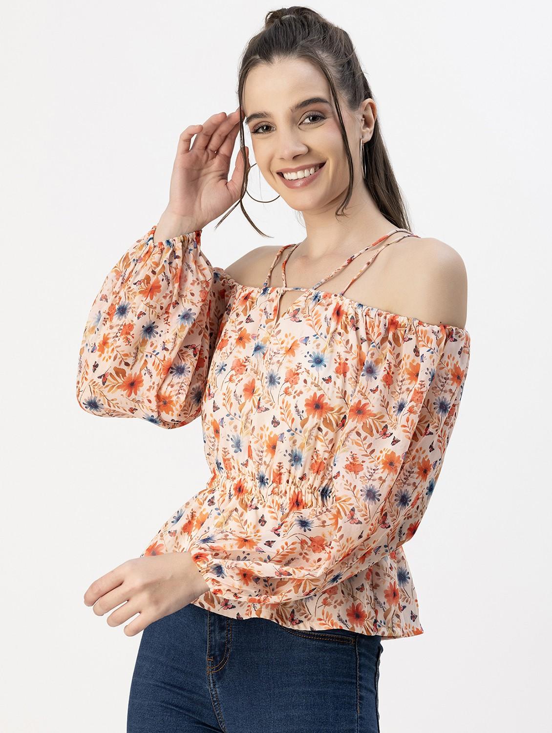 off white floral printed detailed peplum top - 20817975 - Standard Image - 2
