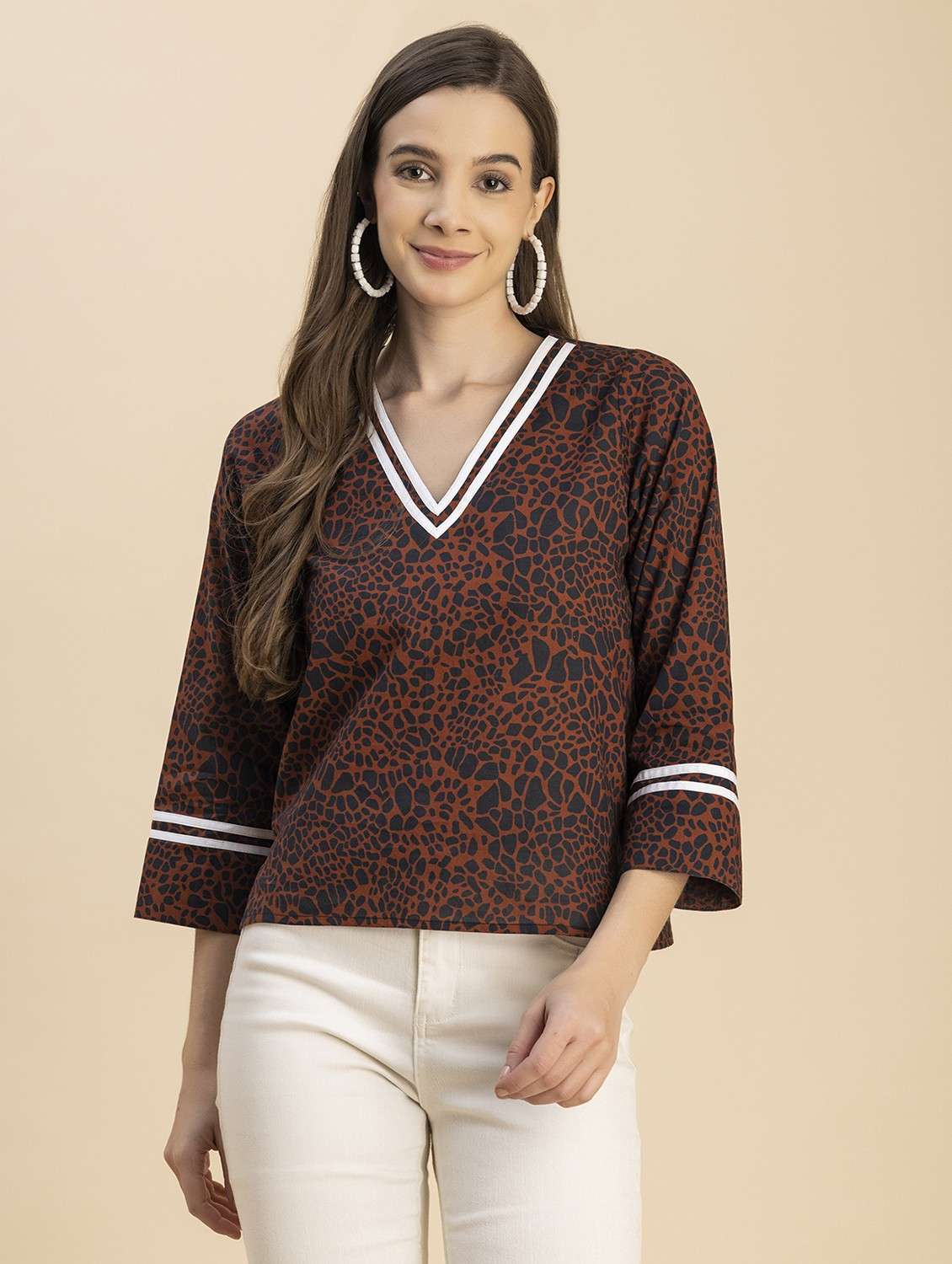 brown printed detailed regular top