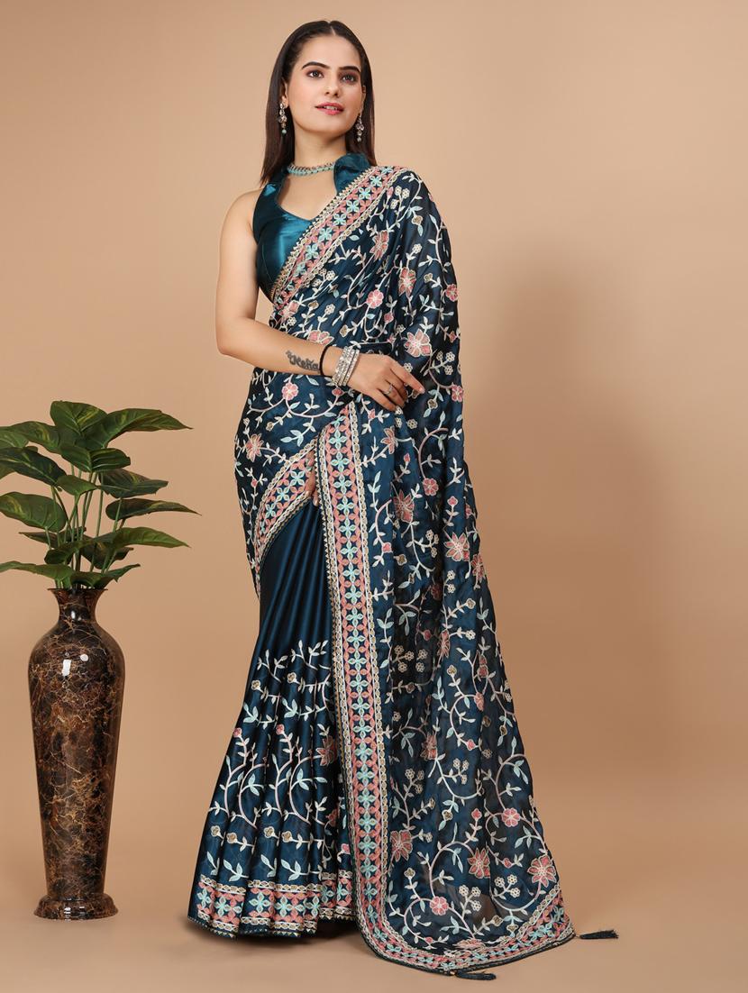women teal embroidered saree with blouse