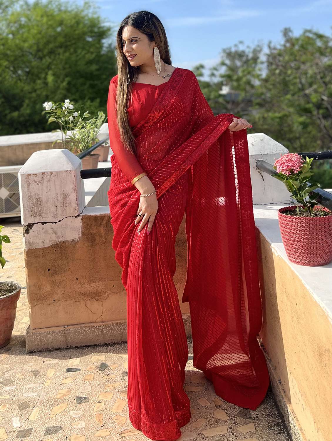 women red sequin work georgette saree with blouse
