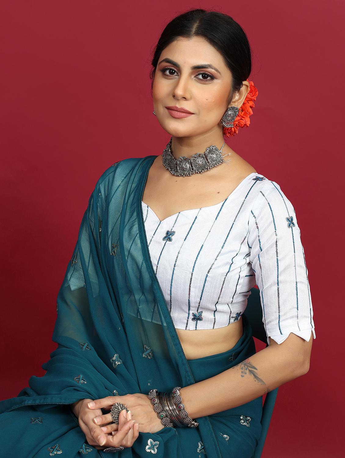 women teal sequin work georgette saree with blouse - 20820705 - Standard Image - 2