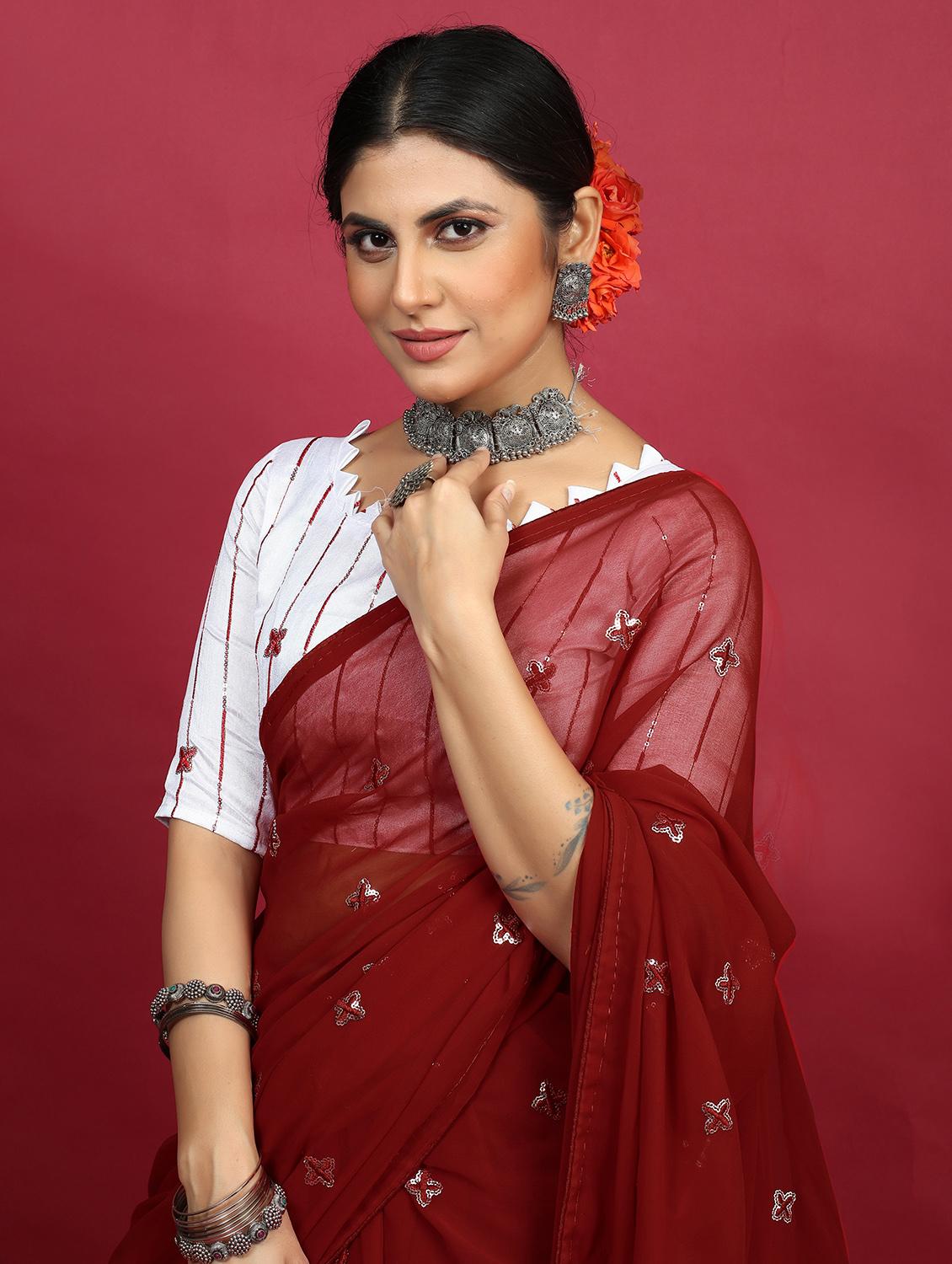women red sequin work georgette saree with blouse - 20820706 - Standard Image - 2