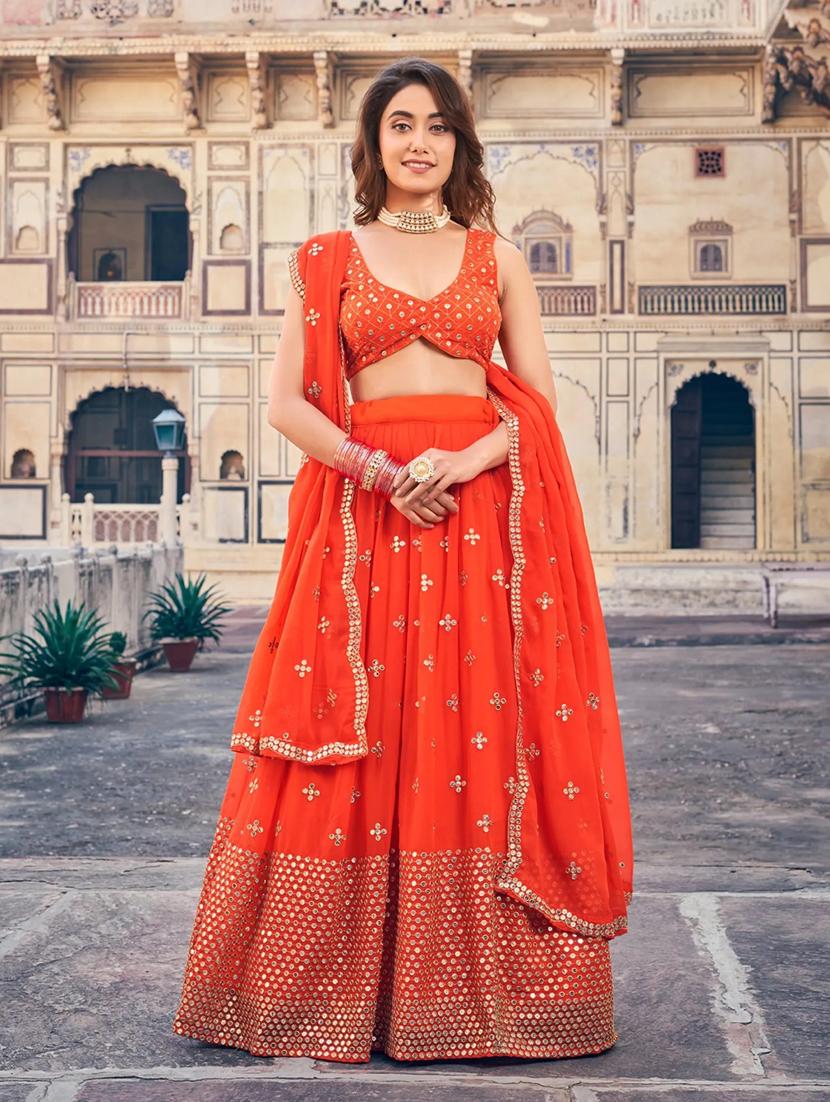 women orange semi-stitched lehenga choli with dupatta