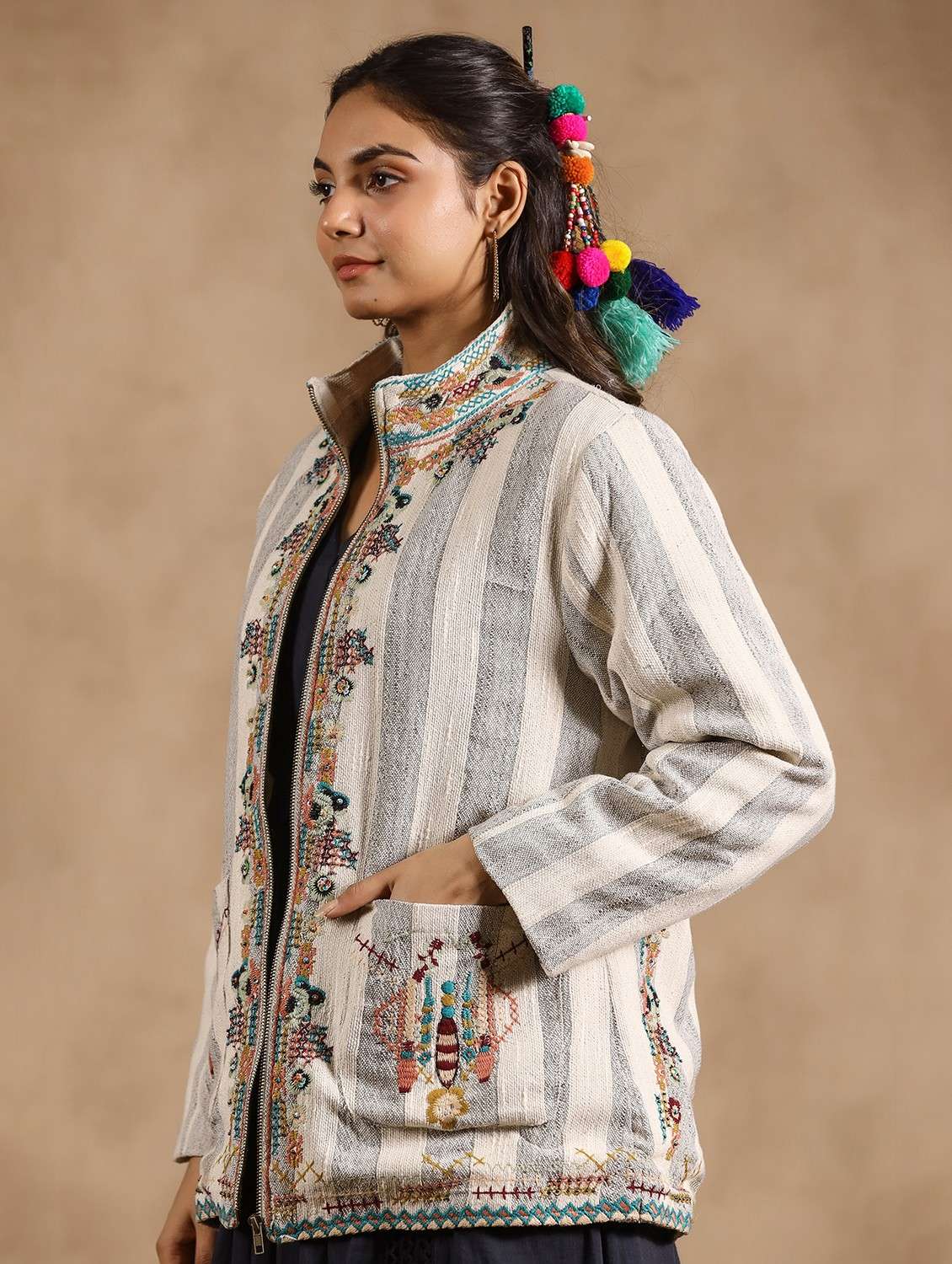 off white stiped embroidered detailed jacket - 20825205 - Standard Image - 2