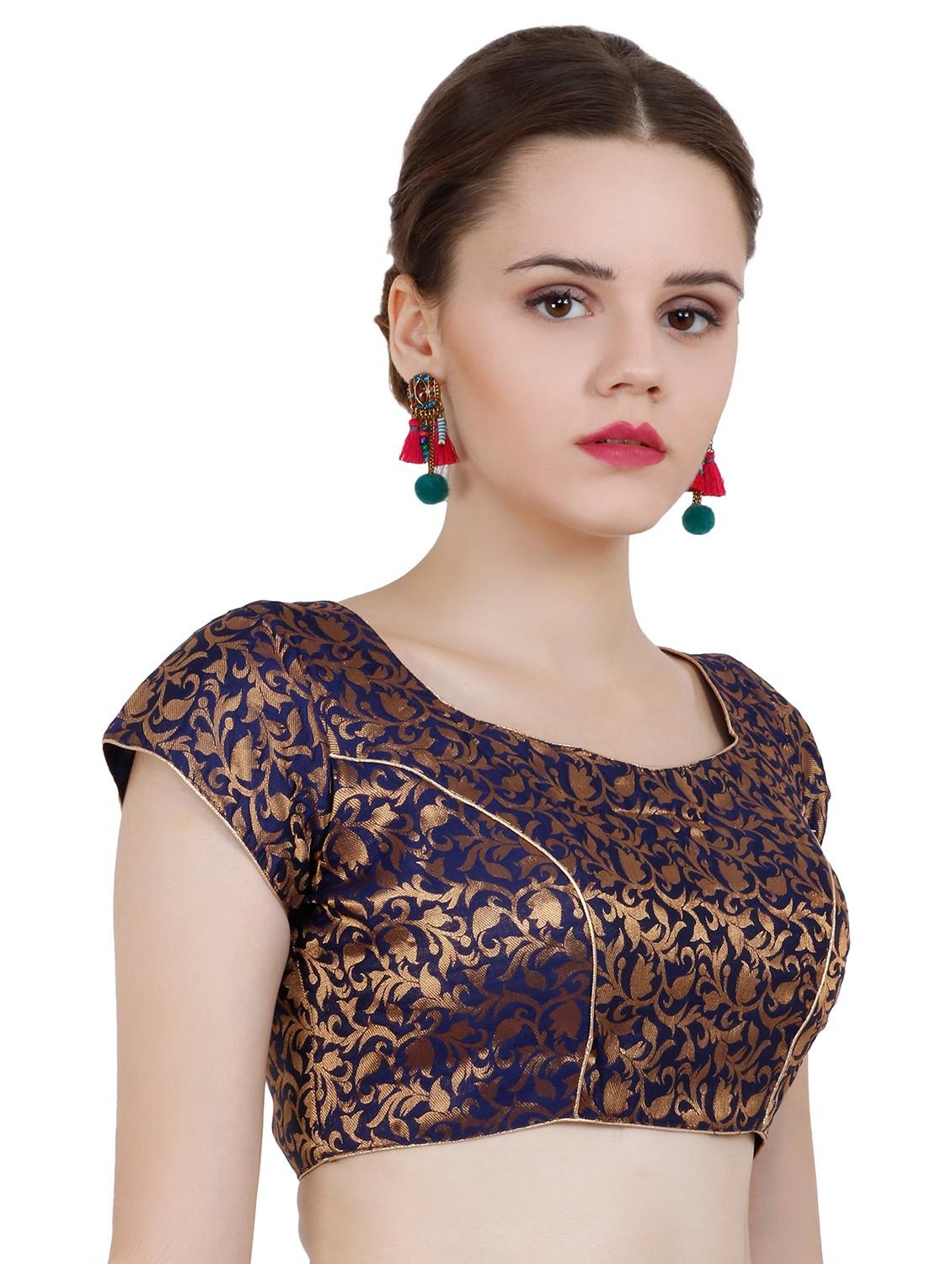 navy blue chanderi brocade blouse - 20825601 - Standard Image - 2