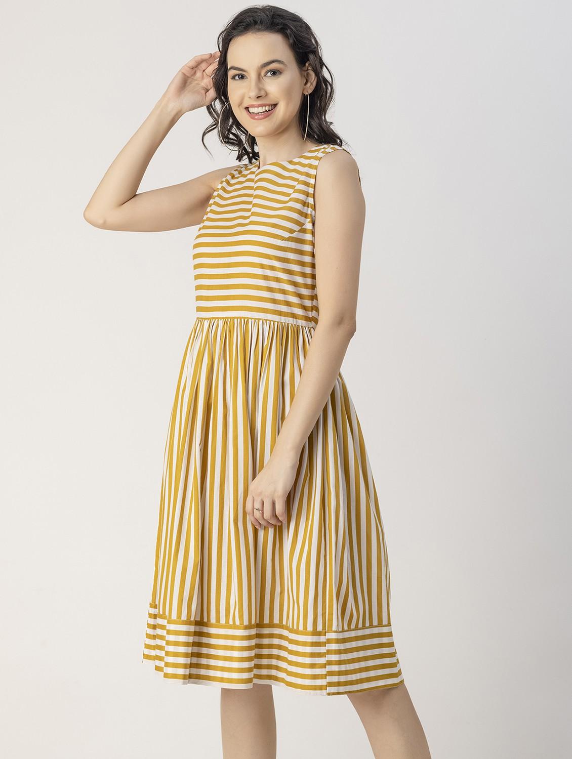 yellow striped detailed fit & flare dress - 20825783 - Standard Image - 2
