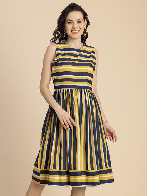 women mustard stripes printed fit & flare dress - 20825784 - Standard Image - 0
