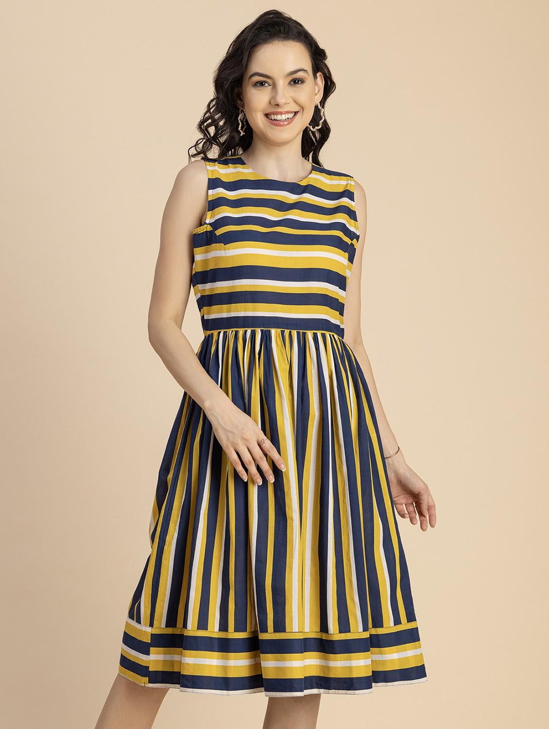 women mustard stripes printed fit & flare dress - 20825784 - Zoom Image - 0