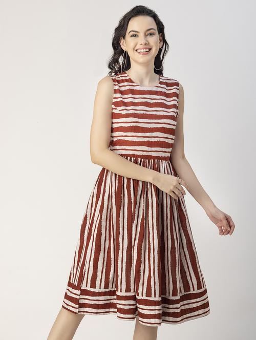 women rust stripes printed fit & flare dress - 20825785 -  Standard Image - 0