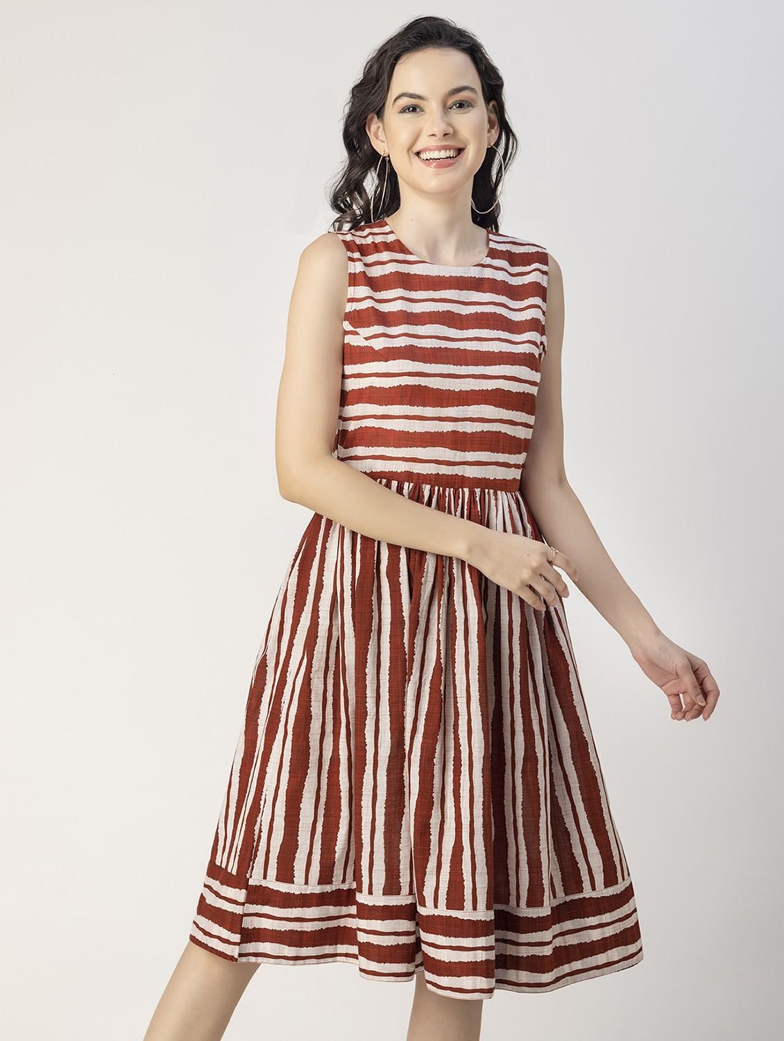 women rust stripes printed fit & flare dress - 20825785 -  Zoom Image - 0