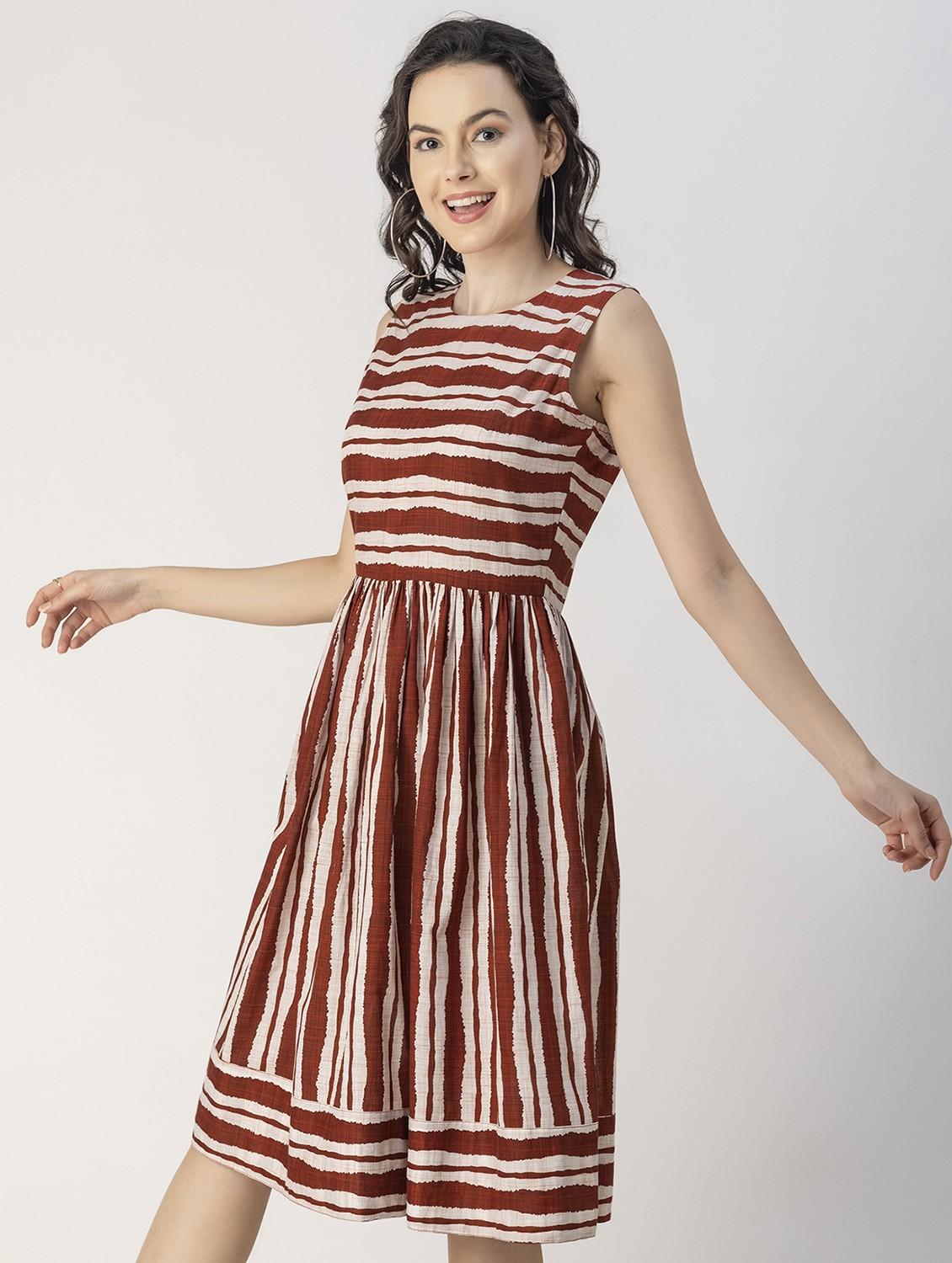 women rust stripes printed fit & flare dress - 20825785 - Standard Image - 2
