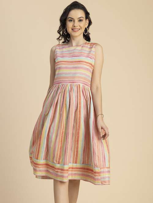 women multicolored stripes fit & flare dress - 20825786 - Standard Image - 0