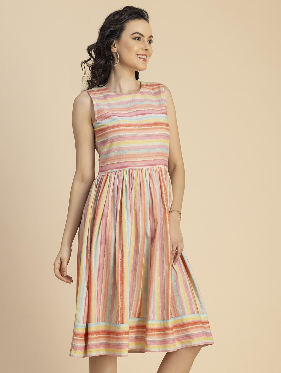 women multicolored stripes fit & flare dress - 20825786 - Standard Image - 2