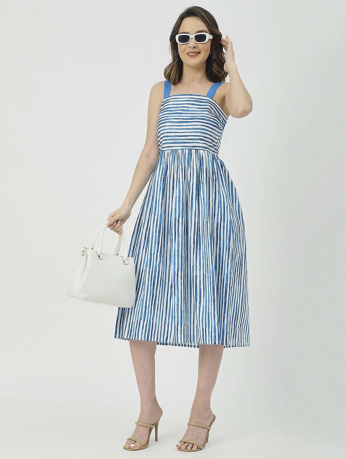 women blue stripes fit & flare dress - 20825792 -  Standard Image - 2